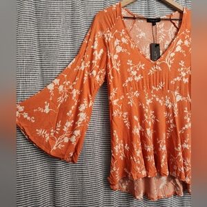 Rachel Zoe Orange Bell Sleeve Floral Botanical High-Low Blouse Large Viscose